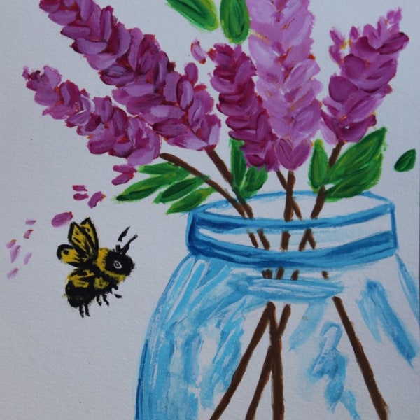 Bees, flowers, 8 x 10in., mason jar, original acrylic/watercolor painting