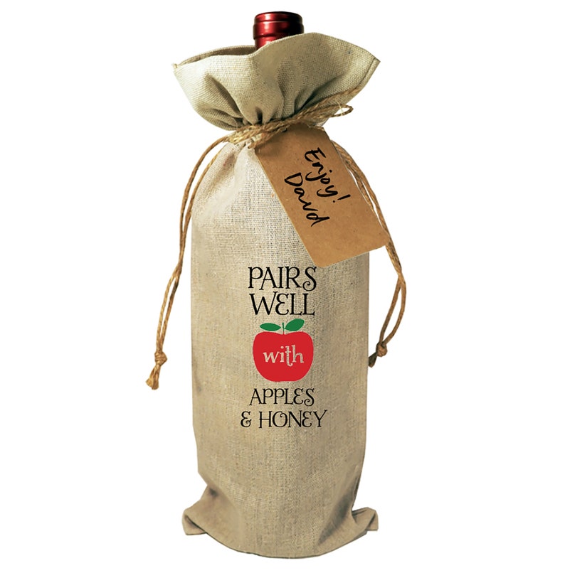 Wine Bag Bottle Burlap Gift Rosh Hashanah Drawstrings Gift Tag Included Pairs Well with Apples Honey Jewish New Year Kosher Wine Shana Tova