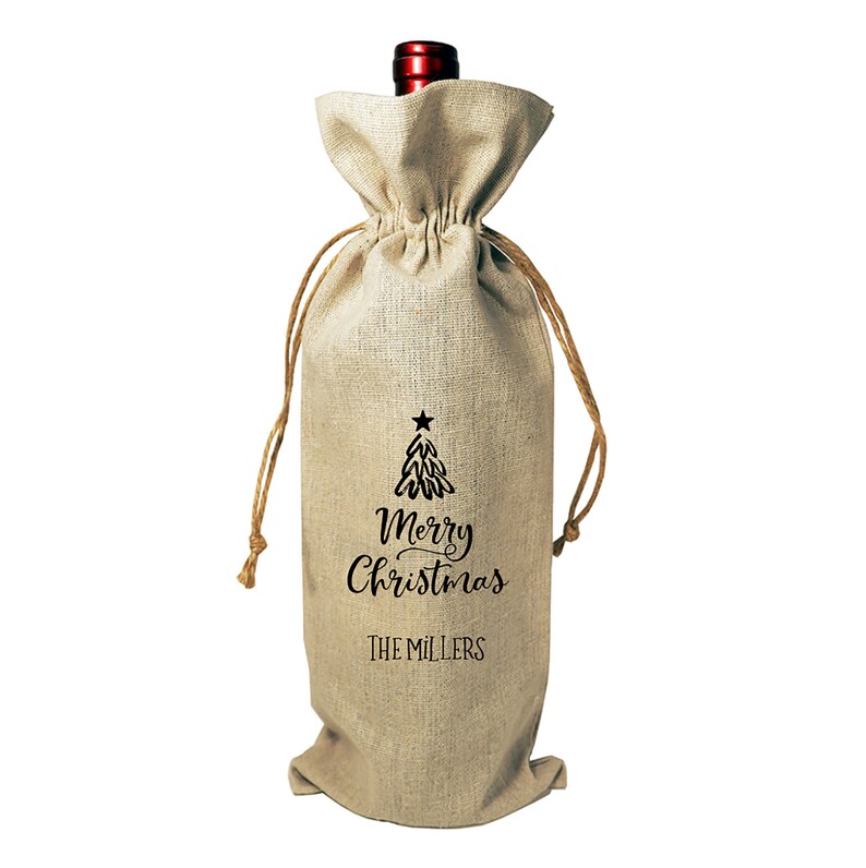 Wine Bottle Burlap Gift Bag Merry Christmas Personalized Tote with Drawstrings Gift Tag Included Host Hostess Celebration