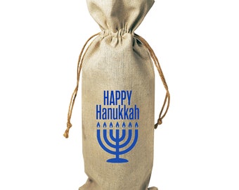 Wine Bottle Burlap Gift Bag Happy Hanukkah with Drawstrings Gift Tag Included Kosher Jewish Yiddish Host Hostess Menorah Celebration