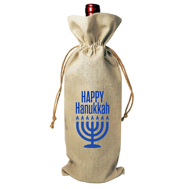 Wine Bottle Burlap Gift Bag Happy Hanukkah with Drawstrings Gift Tag Included Kosher Jewish Yiddish Host Hostess Menorah Celebration image 1
