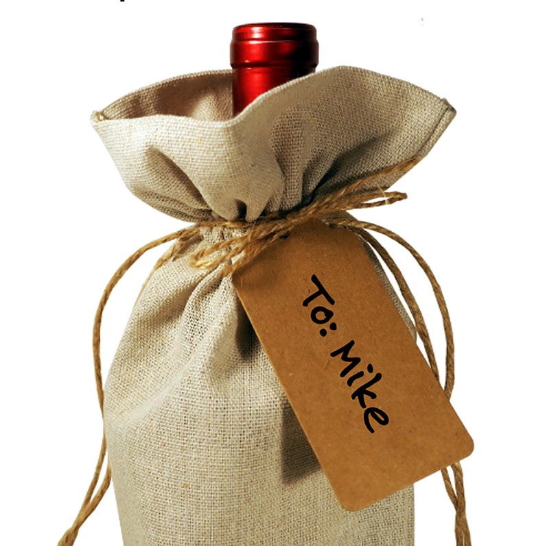 Wine Bottle Burlap Gift Bag Merry Christmas Personalized Tote with Drawstrings Gift Tag Included Host Hostess Celebration
