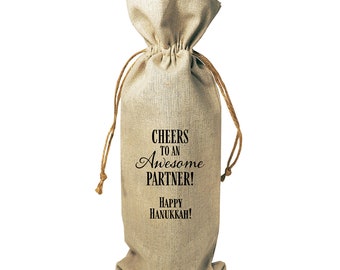 Wine Bottle Burlap Gift Bag Cheers to an Awesome Partner Drawstrings Gift Tag Happy Hanukkah Doctor Lawyer Attorney Law Business