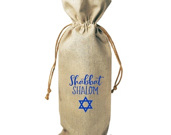 Wine Bottle Burlap Gift Bag Shabbat Shalom Star of David Blue Drawstrings Gift Tag Included Host Hostess Jewish Celebration