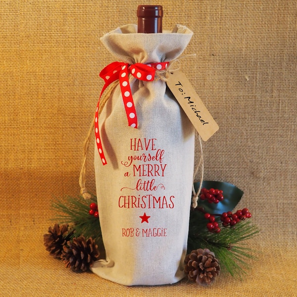 Wine Bottle Burlap Gift Bag Christmas Have Yourself a Merry Little Christmas Tote w/Drawstrings Gift Tag Included Host Hostess Celebration