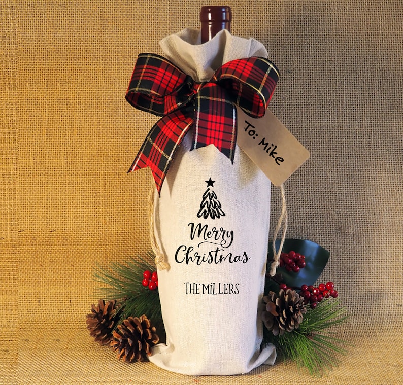 Wine Bottle Burlap Gift Bag Merry Christmas Personalized Tote with Drawstrings Gift Tag Included Host Hostess Celebration