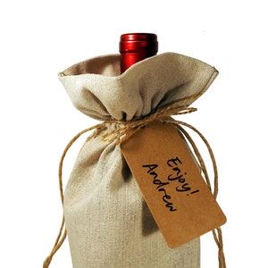 Wine Bottle Burlap Gift Bag Happy Hanukkah with Drawstrings Gift Tag Included Kosher Jewish Yiddish Host Hostess Menorah Celebration image 3