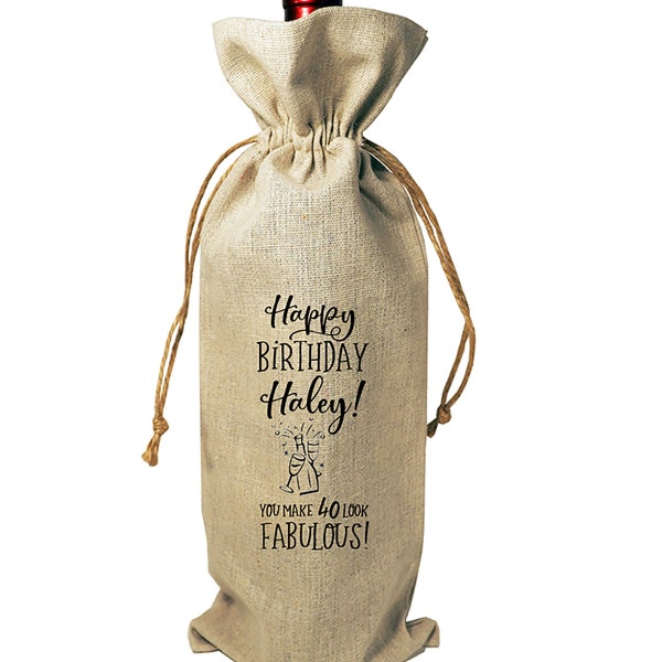 Wine Bag Custom Birthday Personalized Custom Age Custom Name Happy Birthday 40 50 60 70 Burlap Bottle Gift Bag Drawstrings For Him For Her