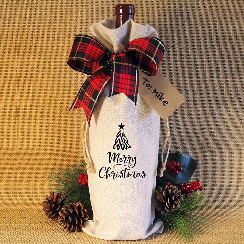 Wine Bottle Burlap Gift Bag Merry Christmas Personalized Tote with Drawstrings Gift Tag Included Host Hostess Celebration