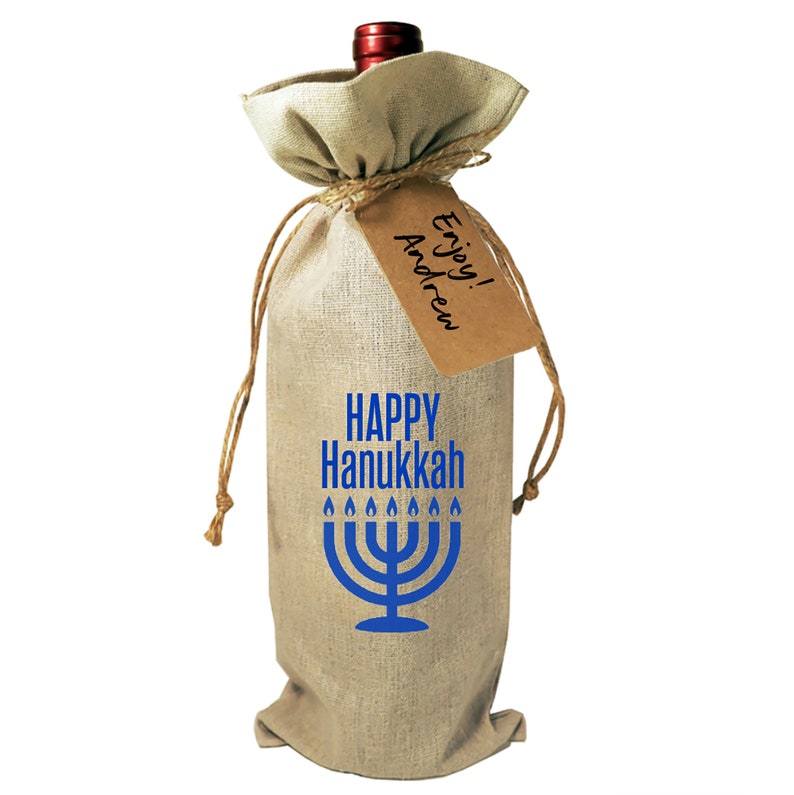 Wine Bottle Burlap Gift Bag Happy Hanukkah with Drawstrings Gift Tag Included Kosher Jewish Yiddish Host Hostess Menorah Celebration image 2