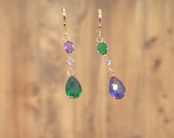 Elegant, uneven 18k gold-plated earrings with a beautiful color combination of purple and green * asymmetrical