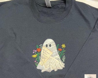Embroidered Book Ghost Sweatshirt: Bookish Floral Applique