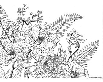 Printable Floral Colouring Page Adult -- Instant Download