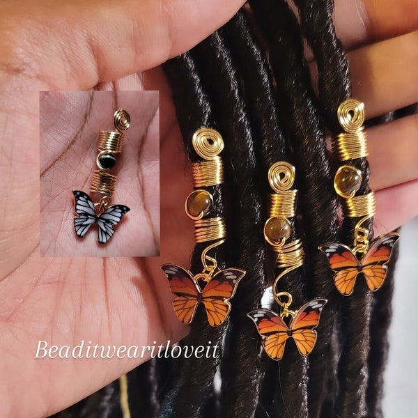 Tiger Eye Crystal Loc Jewelry, Gold Butterfly Copper Hair Beads, Dreadlock Hair Accessories, Metal Beads For Braids, Loc Jewelry