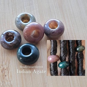 5 Indian Agate Crystal Hair Beads 6mm Big Large Hole, Dreadlock Accessories, Gemstone Beads Loc Jewelry, Dread Beads