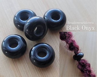 5 Black Onyx Hair Beads 6mm Big Large Hole, Dreadlock Accessories, Gemstone Beads Loc Jewelry, Dread Beads
