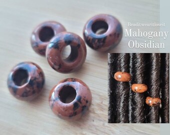5 Mahogany Obsidian Hair Beads 6mm Big Large Hole, Dreadlock Accessories, Gemstone Beads Loc Jewelry, Dread Beads