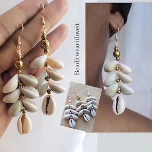 Afrocentric Cowrie Shell & Hematite Crystal Earrings, Wire Wrapped Shell Earrings, Afro Rasta African Big Earrings, Gift For Her