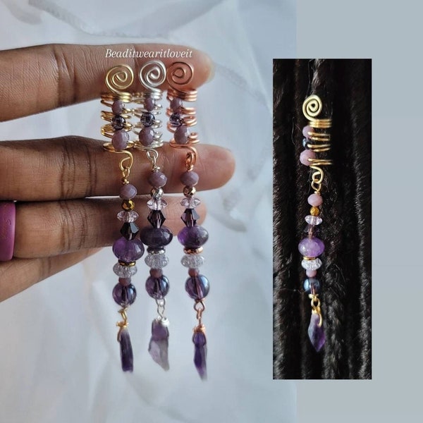 Raw Amethyst Crystal Loc Jewelry. Dreadlock Hair Accessories, Beads For Braids, Loc Jewelry