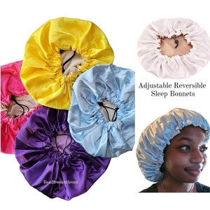 CLEARANCE Adjustable Double Layered Silky Satin Drawstring Bonnets, Reversible Satin Sleep Cap For Locs Dreadlocks Braids Curly Natural Hair