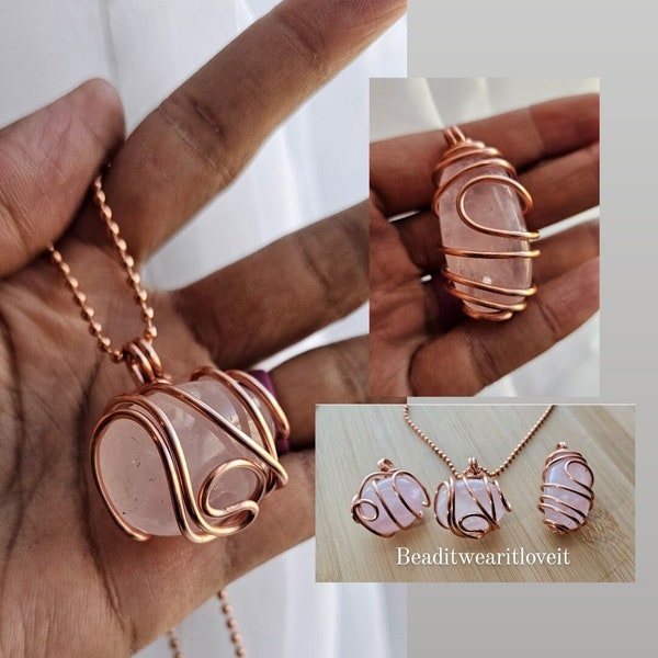 2.4mm Pure Copper Ball Chain Rose Quartz Crystal Pendant Necklaces 24 Inches, Thick 14 Gauge Copper Wire Wrapped Jewelry