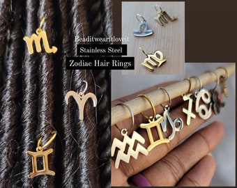 Zodiac Loc Jewelry Hair Rings. Stainless Steel Birthday Dreadlock Hair Accessories, Braid Rings