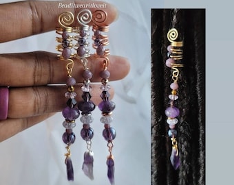 Raw Amethyst Crystal Loc Jewelry. Dreadlock Hair Accessories, Beads For Braids, Loc Jewelry