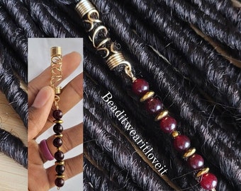 Garnet And Hematite Crystal Loc Jewelry, Dreadlock Hair Accessories, Hair Beads For Braids, Gemstone Loc Beads