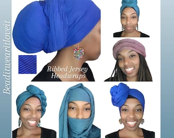 LIQUIDACIÓN: Pañuelos para la cabeza de tela de punto acanalado, bufanda larga elástica para el cabello, turbante africano suave, hiyab, tocado, bufanda para quimioterapia y alopecia.