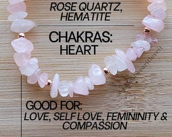 Rosenquarz und Hämatit Herz Chakra Ausgleichsarmband, Natürliche Edelstein Frauen Armband, Feminine Liebe Energie Armband