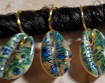CLEARANCE 5pcs Peacock Printed Natural Cowrie Shell Hair Rings, Dread Hair Rings, Braid Rings, Loc jewelry, Dreadlock Rings