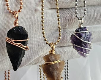 Small Arrowhead Wire Wrapped Crystal Pendants, Choose Your Style And Stone, Custom Raw Crystal Jewelry