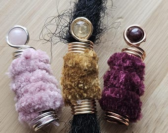 Fluffy Fiber & Crystal Loc Beads, Handmade Hair Jewelry for Locs Braids Twists