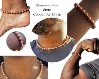 8 mm koperen kogelketting, puur koperen ketting, buikketting, massief koperen armband, koperen enkelbandje, meerdere lengtes natuurlijke koperen ketting