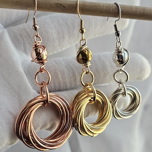 Hematite Crystal Intertwined Rings Styled Copper Earrings, Wire Wrapped Earrings, Copper Jewelry