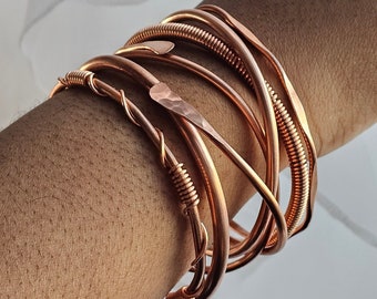 Set Of 7 Mixed Pure Copper Bangles, Adjustable Stackable Bracelets, Raw Copper Cuff Bracelets