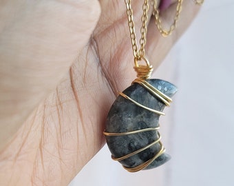 Labradorite Crystal Moon Pendant, Gold Chain Link Crystal Necklace, Wire Wrapped Moon Crystal Pendant Necklace, Raw Crystal Jewelry