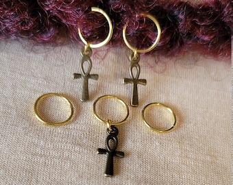 Gold Ankh Charm Haarringe Set, Dreadringe Loc Schmuck, Flechtringe, Gold Haarringe