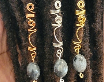 Labradorite Crystal Loc Jewelry. Dreadlock Hair Accessories, Beads For Braids, Twist, Dreads, Hair Coils, Braid Rings, Loc Jewelry