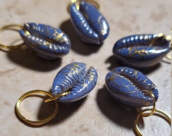 CLEARANCE 5pcs Blue And Gold Cowrie Shell Hair Rings, Dread Rings Loc Jewelry, Braid Rings, Loc jewelry, Dreadlock Rings