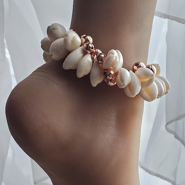 Cowrie Shell Crystal Bell Bracelet or Anklet for Harmony & Protection, Stretch Bracelet, Copper Bell Beaded Bracelet, Bohemian Beach Jewelry