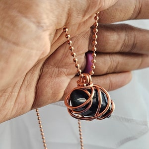 2.4mm Ball Chain Blue Tiger Eye Crystal Pendant Necklaces 24 Inches, Thick 14 Gauge Copper Wire Wrapped Jewelry