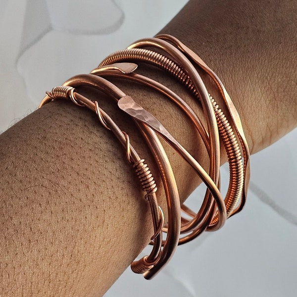 Set Of 7 Mixed Pure Copper Bangles, Adjustable Stackable Bracelets, Raw Copper Cuff Bracelets