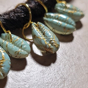 5pcs Turquoise & Gold Printed Natural Cowrie Shell Hair Rings, Dread Beads, Braid Rings, Loc jewelry, Dreadlock Rings, Boho Hair Accessories