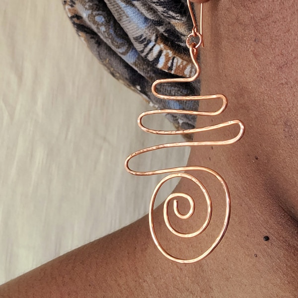 Spiral Copper Earrings, Wire Wrapped Earrings, Hammered Copper Jewelry