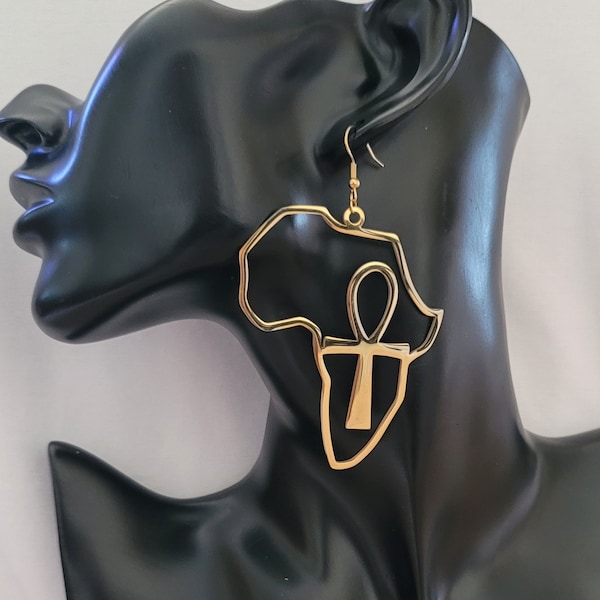 Gold Colored Stainless Steel Africa Map Earrings, Gold Africa Hoop Earrings, Africa Map Hoop Earrings, Ethnic Earrings, Ankh Earrings