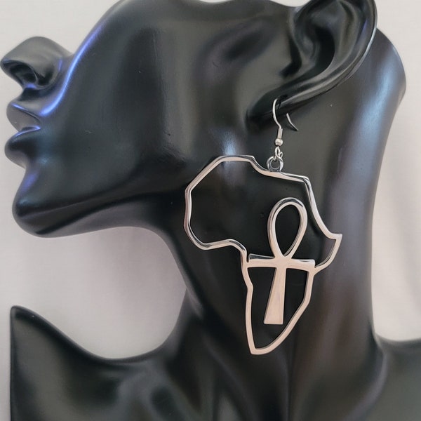 Stainless Steel Africa Map Earrings, Silver Africa Hoop Earrings, Africa Map Hoop Earrings, Ethnic Earrings, Ankh Earrings