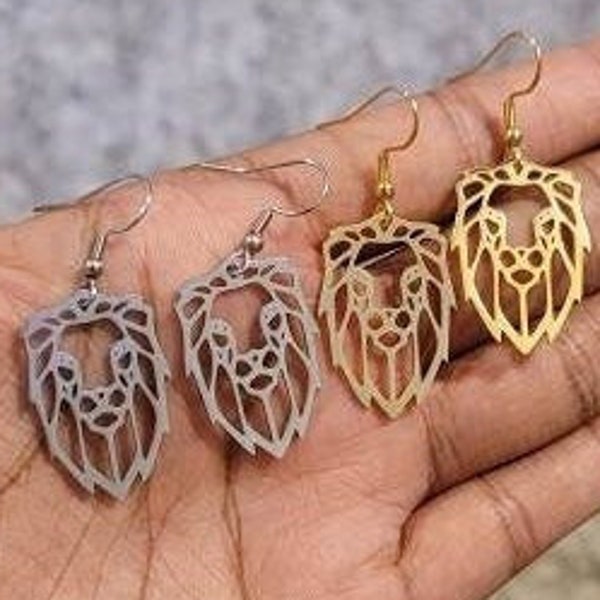 CLEARANCE Geometric Lion Stainless Steel Earrings, Silver And Gold Earrings, Dangle Earrings