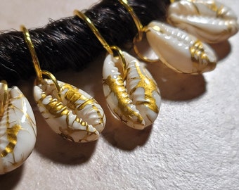 CLEARANCE 5pcs White And Gold Printed Natural Cowrie Shell Hair Rings, Dread Beads, Braid Rings, Loc jewelry, Dreadlock Rings
