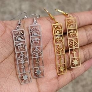 Egyptian Symbol Stainless Steel Earrings, Gold African Earrings, Dangle Ethnic Earrings, Afrocentric Geometric Jewelry